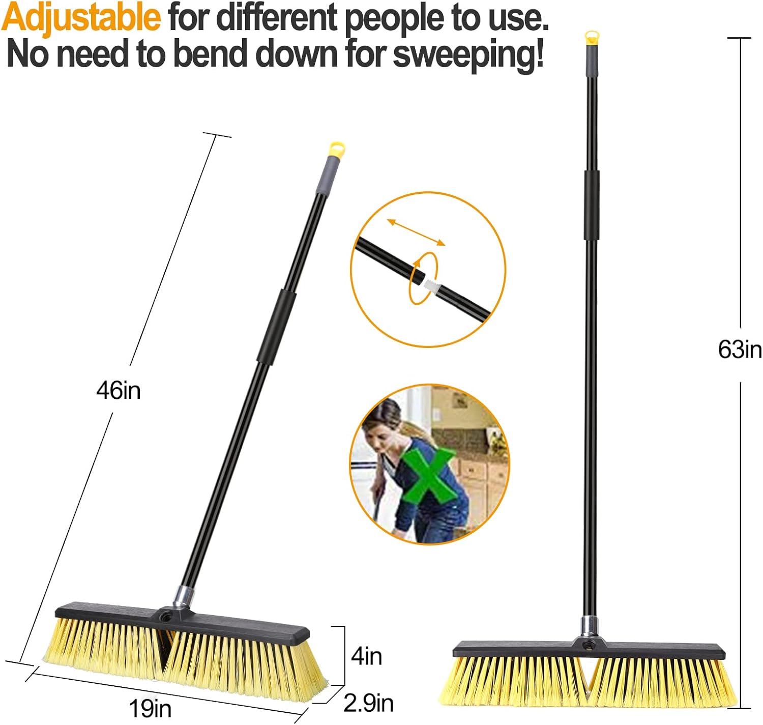 KeFanta 18 Inches Push Broom Outdoor- Heavy Duty Broom with 63" Long Handle for Deck Driveway Garage Yard Patio Warehouse Concrete Floor Cleaning