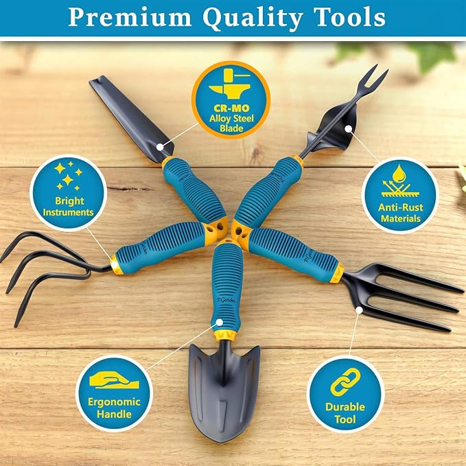 Gardening Tools Set from Alloy Steel - Heavy Duty Garden Tool Set with Light & Rubber Non-Slip Handle - Gardening Tool Kit - Ergonomic Garden Hand Tools - Gardening Gifts for Men and Women