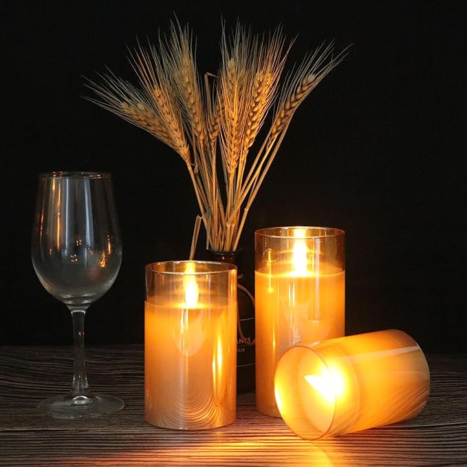 Glass Flickering Flameless Candles with Remote Timer, LED Pillar Candles Battery Operated with 3D Realistic Wick, Real Wax Fake Candles Home Decor for Wedding Festival Party(Gold)