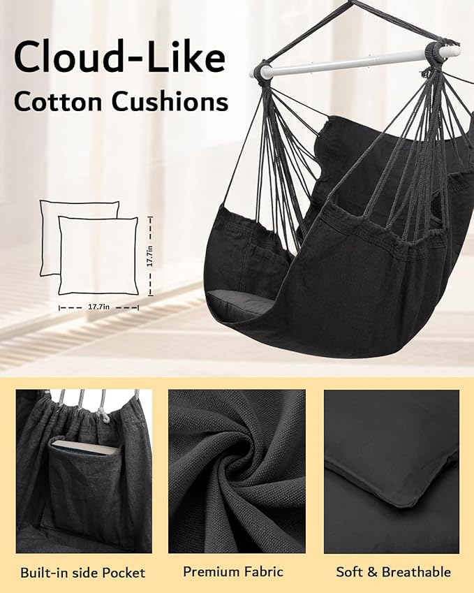 ADVOKAIR Hammock Chair Swing (500 lbs Max-2 Cushions) - Hanging Hammock Chair Rope Swing Indoor for Bedroom, Outdoor, Patio, Bedroom, Porch, Deck - Sturdy Steel Bar with Anti-Slip Safety Rings