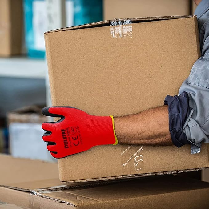 DULFINE Safety Work Gloves PU Coated for Men and Women-12 Pairs,Red Seamless Knit Glove with Two Fingers Touchscreen,Ideal for General Duty Work (Medium)