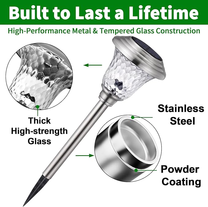 Beau Jardin 4 Pack Solar Pathway Lights Outdoor Stainless Steel Lights Solar Powered Waterproof Glass High Lumen Garden Landscape Path Yard Walkway Driveway Outside Color Changing Cool White Silver