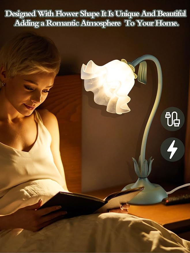 Flower Table Lamp,LED Reading Light Bedside Vintage Flower Night Light,3 Colors Modes Kawaii Bedside Lamps Decor,Living Room Bedroom Room Lighting Table Lamps Home Decoration (Green)