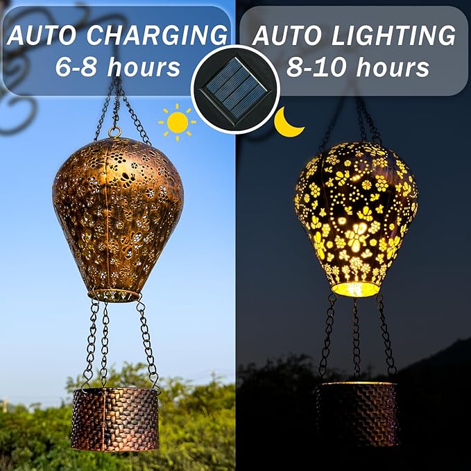 Bee Decor Hot Air Balloon Solar Lantern – Outdoor Decorative Hanging Light for Garden Yard Patio Porch Lawn and Pathway – Unique Housewarming, Birthday Gift for Women Mom Grandma