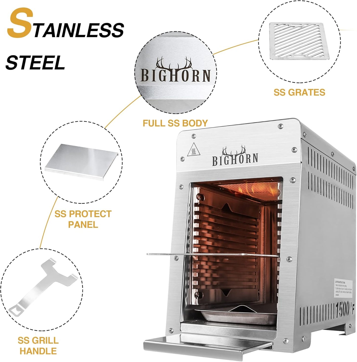 BIG HORN OUTDOORS Portable Infrared Broiler Propane Gas Grill, 1500 Degree Stainless Steel Tabletop Quick Cooking Steak Grill for Meat, Seafood, Veggies