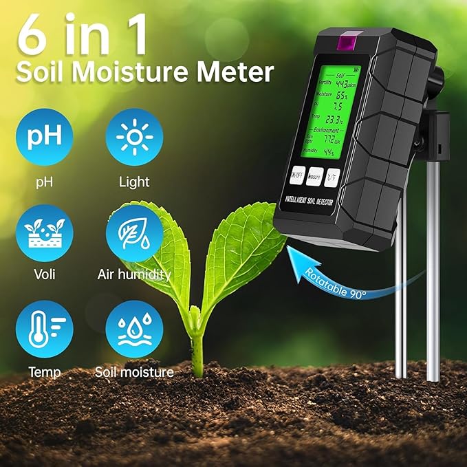 6-in-1 Soil Moisture Meter, Soil Test Kit with Soil Moisture/pH Meter/Temperature/Sunlight/Air Humidity/Soil Fertility, Soil Tester for Farming, Gardening and Outdoor Plants (2*AAA Battery Needed)