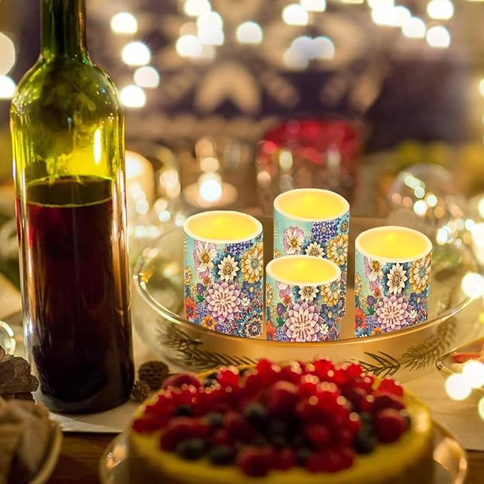 Flameless LED Candles Electric Candles with Remote Timer Control Long Lasting Pillar Candles Tealights Bohemian Style Home Outdoor Decoration Pack of 4, Boho Flower Purple Blue