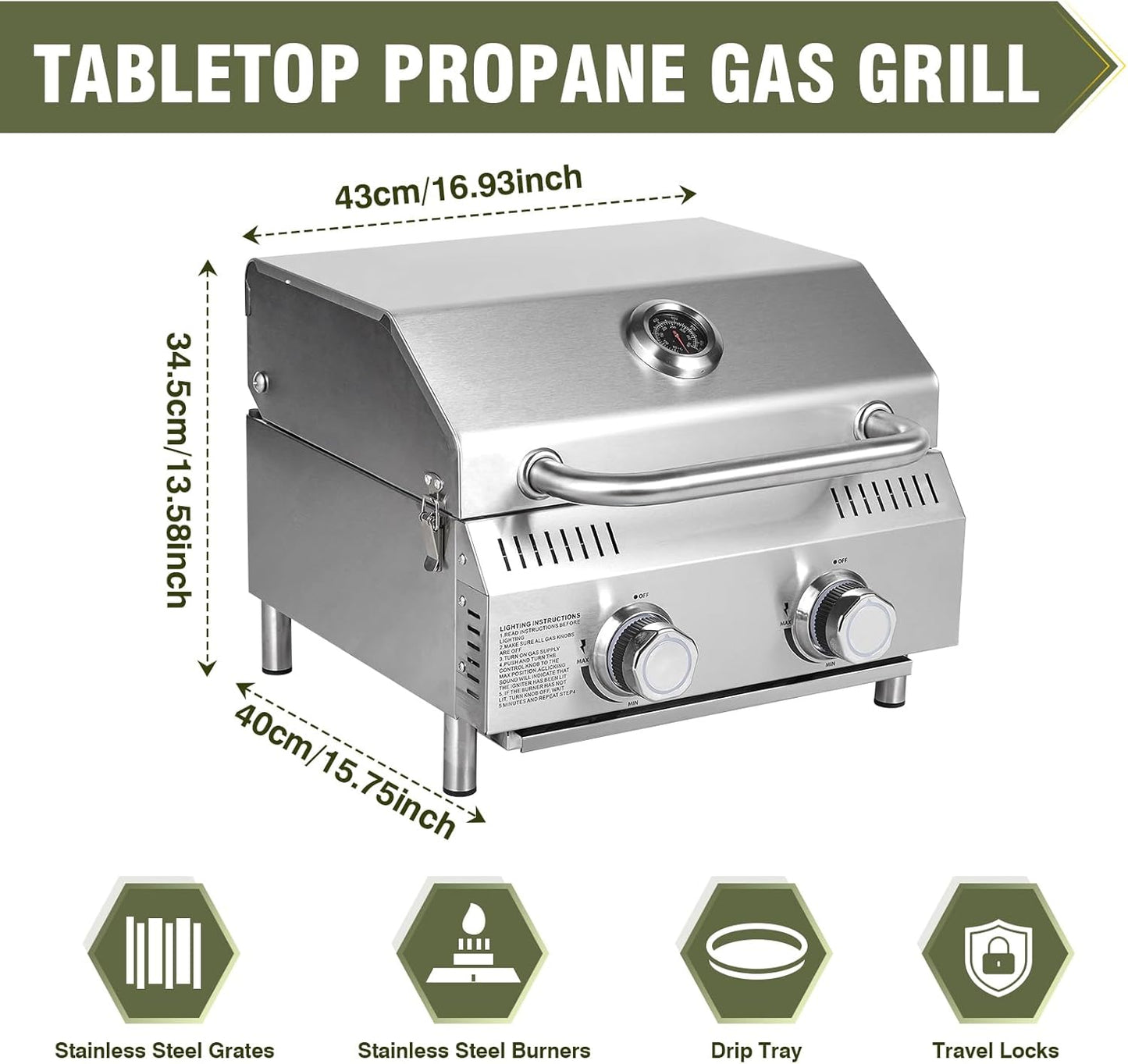 Bestfire Tabletop Gas Grill 2 Burners, 20,000 BTUs Stainless Steel Portable Propane Grill with Legs for Outdoor Patio Backyard Camping, Tailgating, and RV Trips