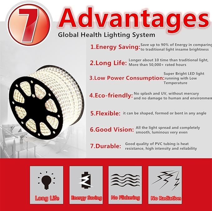 5050-60 Type AC 110-120V White LED Strip Lights, Flexible/Waterproof/Dimmable/Multi-Modes LED Rope Light + 23 Keys Remote for Home/Garden/Building Decoration (32.8ft/10m, White 6000K)