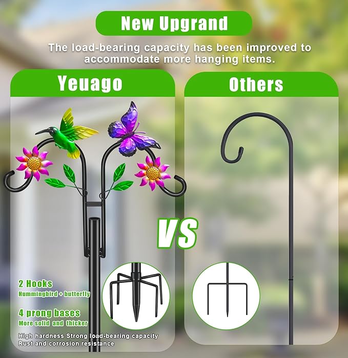 Double Shepherds Hooks for Outdoor, 78 Inch Artistic Hummingbird & Flower Design, 5 - Prong Base, Ideal for Bird Feeders, Baskets & Lanterns (2 Pack)
