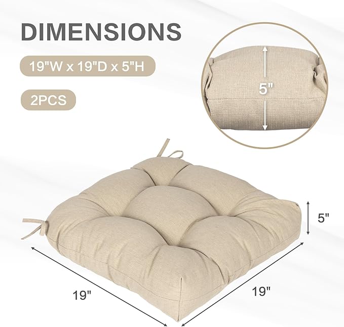Aoodor 19" x 19" x 5" Tufted Outdoor Chair Cushions, Water Resistant & Fade Resistant Polyester Dining Chair Pads with 2 Straps for Patio Furniture, Set of 2