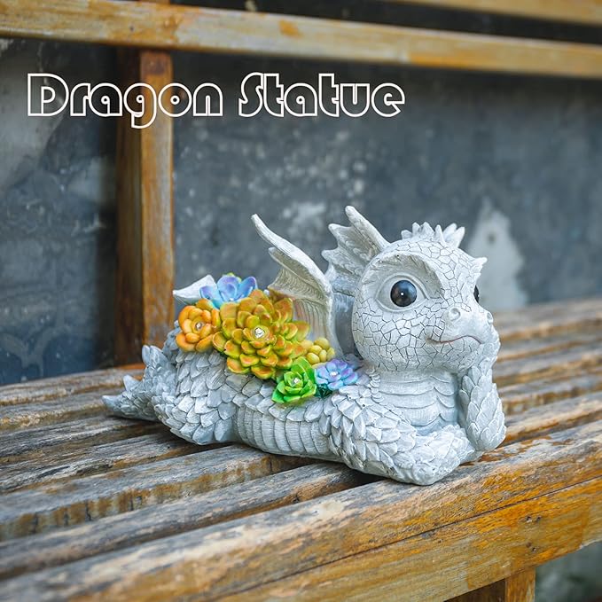 Garden Dragon Statue Outdoor Decor, Dragon Garden Sculpture Waterproof Solar LED Lights Resin Succulent Decorations for Outside Lawn Patio Patio Yard Ornament Gifts