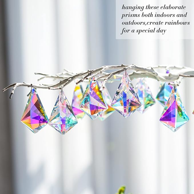 50mm Sun Catchers with Crystals, 10 Pcs Hanging Crystals Suncatchers for Windows, Colored Horns Crystals Prisms,Glass Pendant Suncatchers for Chandeliers, Garden, Christmas Tree Decor