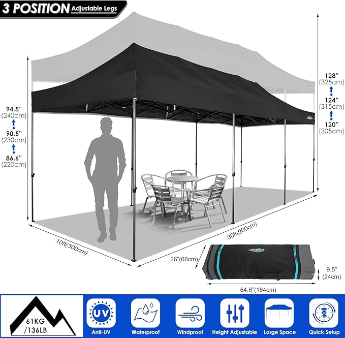 COBIZI 10x30 Pop up Canopy Tent 10x30 Canopy with Sidewalls, Heavy Duty Party Tent Tents for Parties, Foldable UPF 50+ Waterproof Commercial Easy up Canopy with Roller Bag, Black(Windproof Upgraded)
