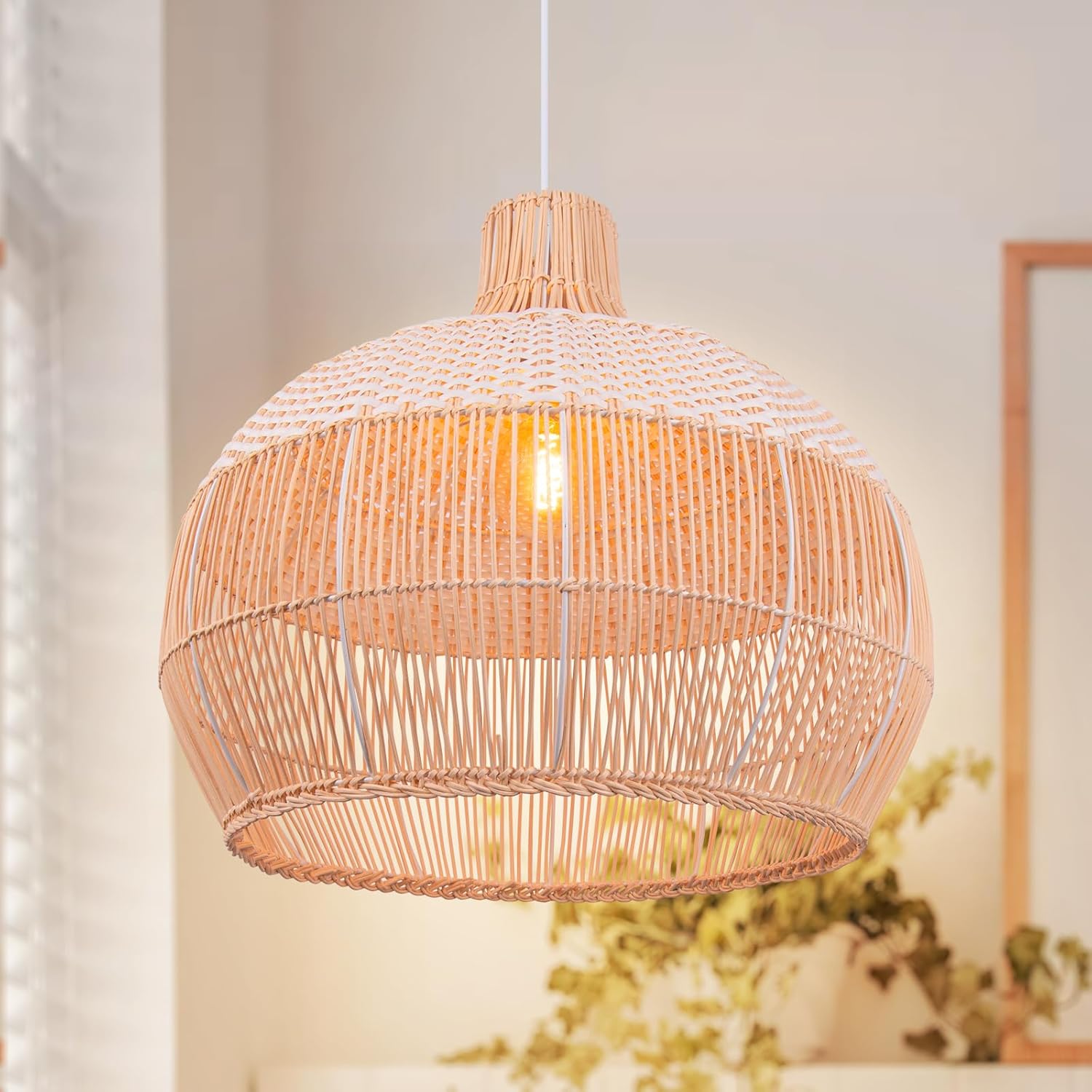 Arturesthome White Handwoven Rattan Boho Pendant Lighting Fixtures, Wicker Hanging Ceiling Light Chandelier, Handmade Woven Basket Lampshade for Kitchen Island