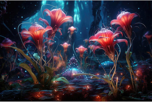 Aquarium Background Beautiful Red Translucent Flowers Terrarium Background Abstract Fantasy Plants Underwater World Tank Poster Glowing Flowers Foggy Forest Fish Tank Background Decors Vinyl 24x12in