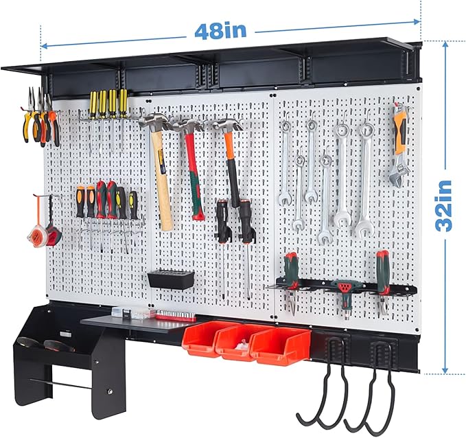 Ultrawall Peboard Storage Organizer, 48x36 inch Pegboard Wall Organizer, Metal Garage Peg Board with Toolboard, Utility Hooks, Overhead Shelf, 105pcs
