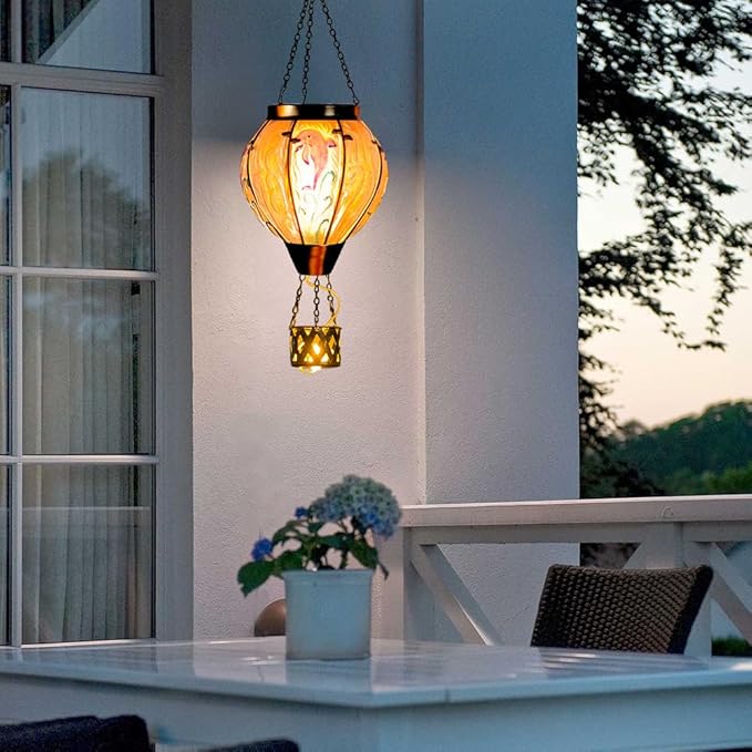 Blue Dolphin Hot Air Balloon Solar Lantern with Flame Flickering Light LED Glass Hanging Solar Lanterns Outdoor Waterproof Hot Air Balloon Decor for Patio Yard Garden Mother Day Gift for Women