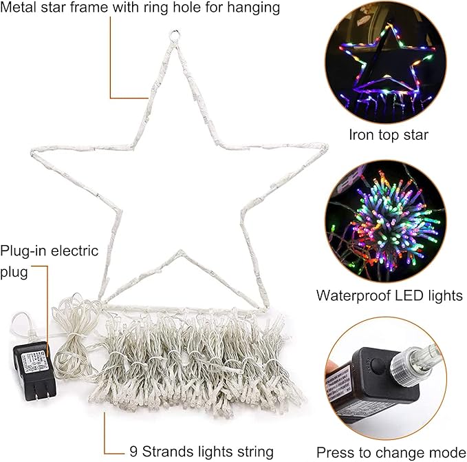 Christmas Decoration Lights, Outdoor Christmas String Lights 320 LED 11.5 Ft Waterfall Tree Lights with Big Star Topper 8 Light Modes for Christmas New Year Holiday Garden Yard Indoor Outdoor Decor