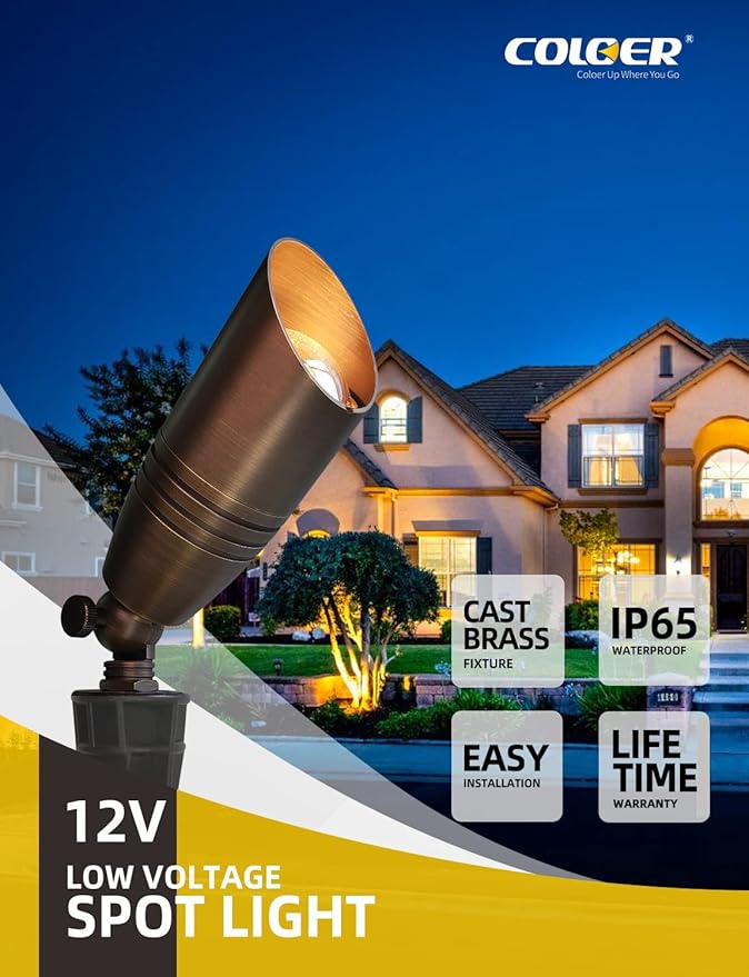 COLOER Brass Landscape Spotlights, 10 Pack Landscape Light Fixture with 5W Aluminum Housing MR16 LED Bulb 2700K 450LM,12V AC/DC Low Voltage Outdoor Spot Lighting, Uplight for Garden and Patio(102B)