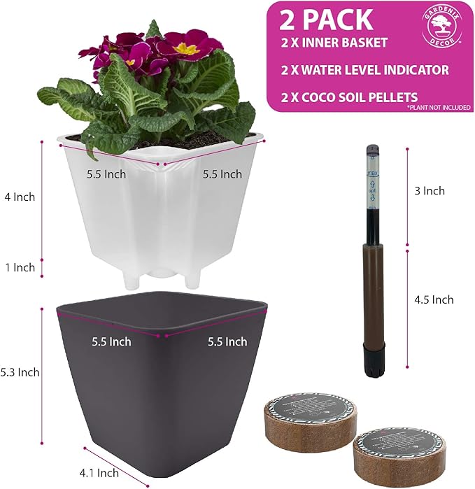GARDENIX DECOR 5" Self Watering pots for Indoor Plants - Flower Pot with Water Level Indicator for Plants, Grow Tracking Tool - Self Watering Planter Plant Pot – 2 Pack Gray
