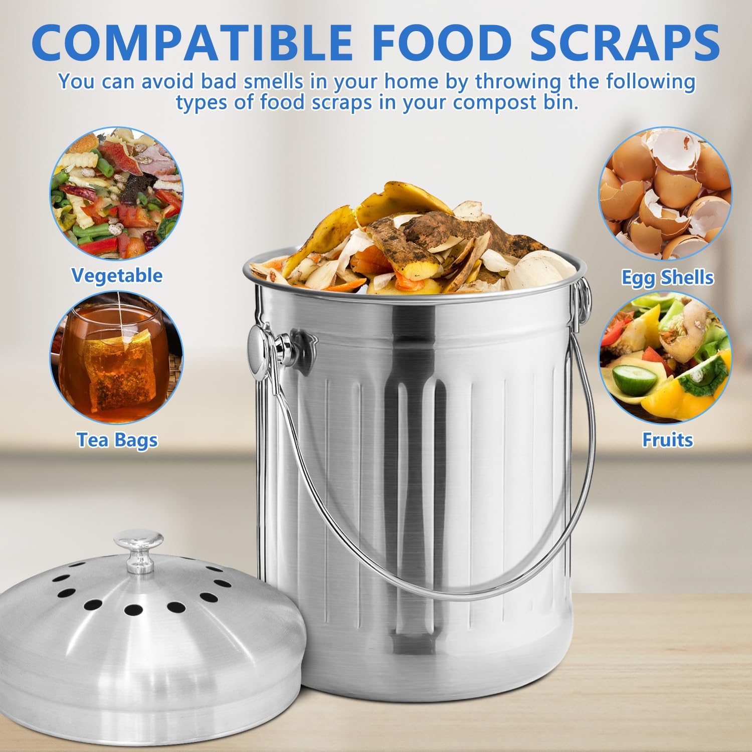 ENLOY Compost Bin for Kitchen Countertop, 1.3 Gallon Stainless Steel Indoor Compost Bucket for Kitchen Countertop Odorless Compost Pail for Kitchen Food Waste with Carrying Handle Easy to Clean