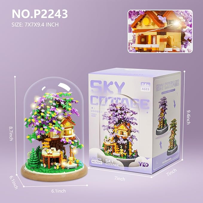 DIY Flower Building Toy Sets Miniature Cherry Blossom Tree House Building Kit, Purple & Yellow Sakura Flowers, Building Blocks Set for Adults & Girls - Bonsai Tree Model with Dust Cover