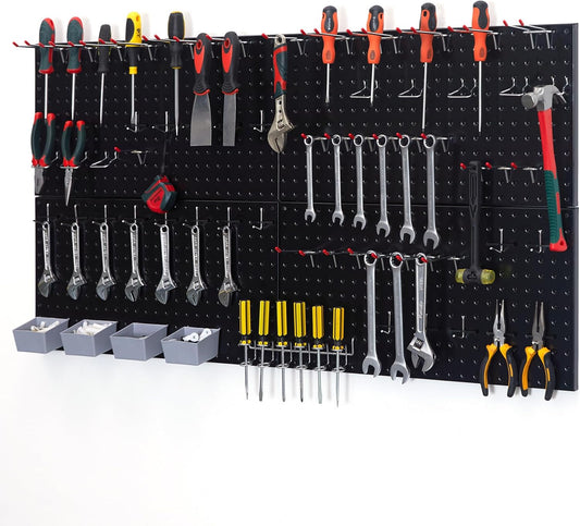 48x24 inch Black Metal Pegboard Kit for Wall Organization with Hooks, Garage Storage Bins, and Utility Tool Board, Efficient Tool Organizer Peg Board
