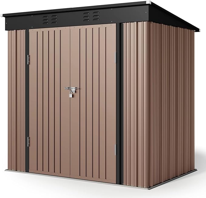 Gizoon 6' x 4' Outdoor Storage Shed with Double Lockable Doors, Anti-Corrosion Metal Garden Shed, Waterproof Shed Outdoor Storage Clearance for Backyard Patio Lawn-Brown