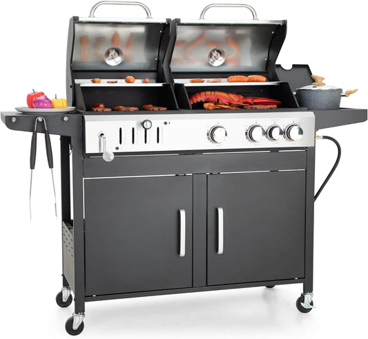 Captiva Designs Propane Gas Grill and Charcoal Grill Combo with Side Burner & Porcelain-Enameled Cast Iron Grate, Dual Fuel BBQ Grill for Outdoor Events & Backyard Barbecue, 690 SQIN Cooking Area