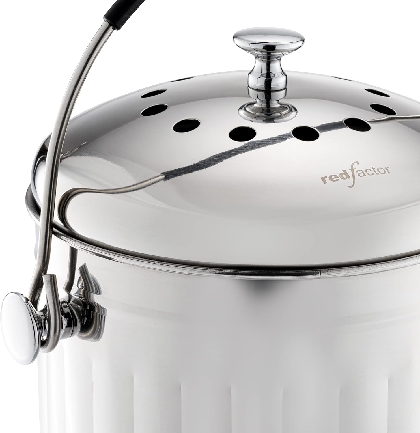 RED FACTOR Premium Compost Bin for Kitchen Countertop - Stainless Steel Food Waste Bucket with Innovative Dual Filter Technology - Includes Spare Filters (Brilliant Steel, 1.3 Gallon)