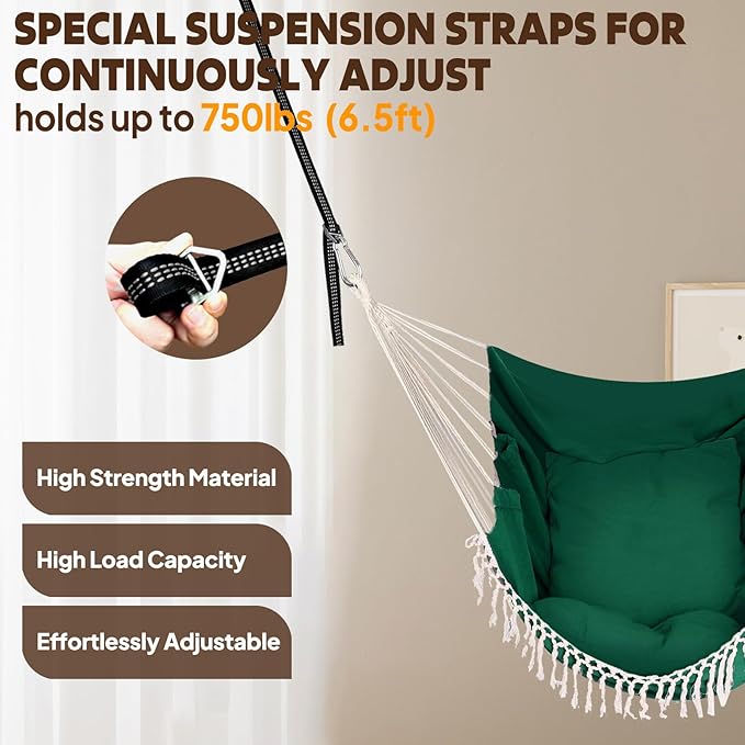 Chihee Hammock Chair Hanging Swing 2 Pillows Included,Strong Webbing Straps and Hooks for Easy Hanging Soft Cotton Hanging Chair Side Pocket Tassel Chair Comfort Indoor Outdoor