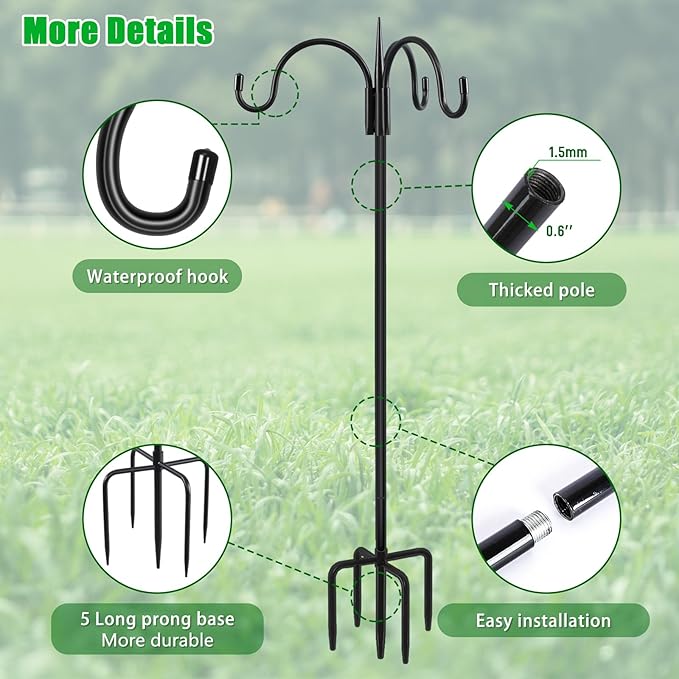 FEED GARDEN [Upgrade Version 92 Inch Three Shepherd Hooks for Outdoor,Bird Feeder Pole with 5 Prong Base, Adjustable Shepard Hooks for Hanging Plant, Solar Lanterns, Wind Chimes, 2 Pack