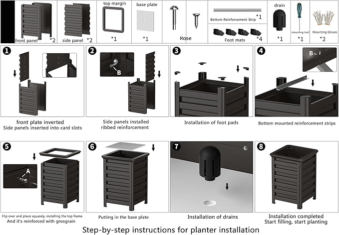 Aluminum Outdoor Planter - 19.68" Tall Planter Box for Patio Porch Indoor or Outdoor Durable Weather-Resistant Large Planters for Flowers with Drainage Hole, Dark Brown, 19.68"D x 19.68"W x 27.56"H