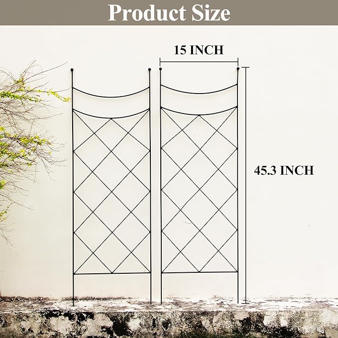 45.3" H x 15" W Metal Garden Trellis for Climbing Plants, Black Iron Trellis for Vines Plant Rose Vegetable Support,Large Decorative Outdoor Trellis，2 Pack