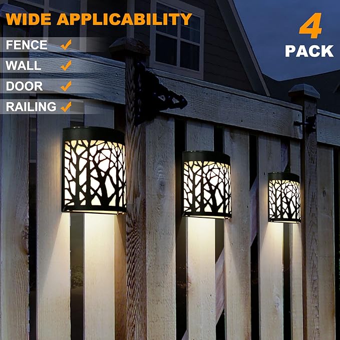 DenicMic Solar Wall Lights Outdoor Wall Sconce Fence Lighting for Patio Front Door Yard Deck Stair Led Forest Decorative Lamps, Waterproof, Warm White/Color Changing (4 Pack)