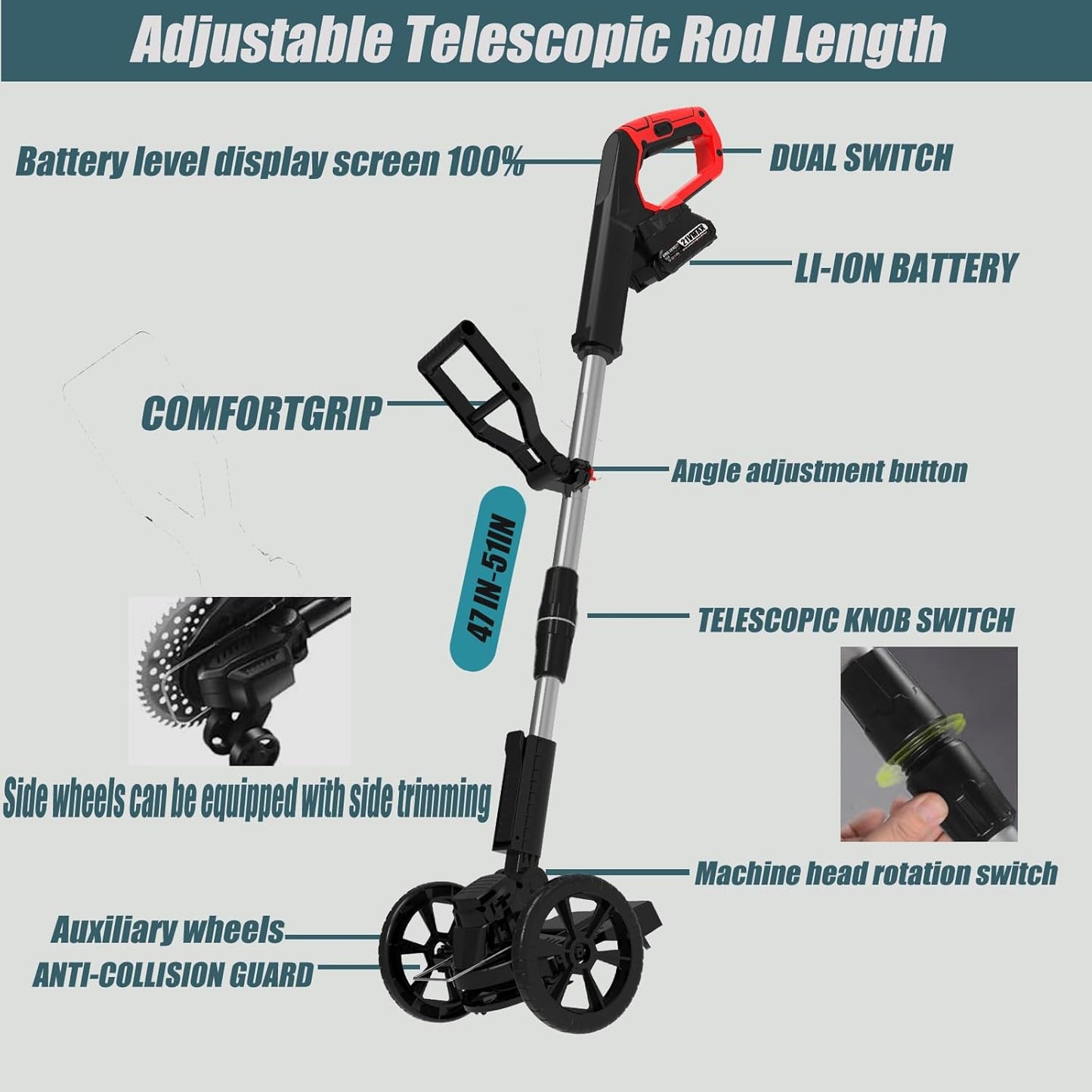 Cordless Weed Wacker Battery Powered Electric Weed Trimmer, with 2Pcs 21V Battery 5 Types Blades Lightweight Grass Trimmer Edger Lawn Tool, Push Wheeled No-String Trimmer for Garden Yard