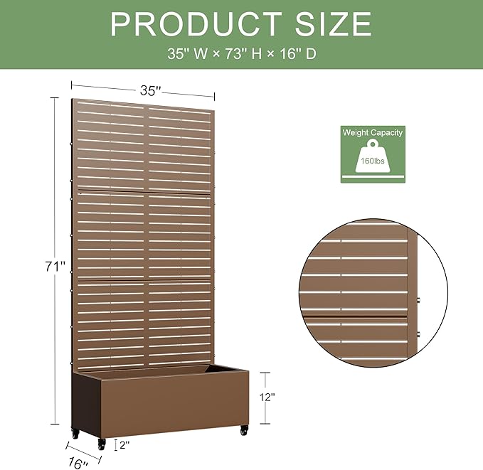 Casaphoria Metal Raised Garden Bed with Trellis and Wheels, 72"x35"x16" Planter Box for Climbing Plants, Vegetables & Vines, Features Drainage Holes and Privacy Screen (Brown-Louvered)