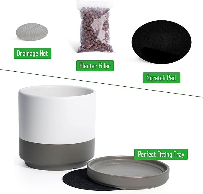 D'vine Dev Set of 2 Plants Pots, 6 Inch Ceramic Planter Pot for Plants with Drainage Hole and Saucer, White/Speckled Grey, 94-V-C-6