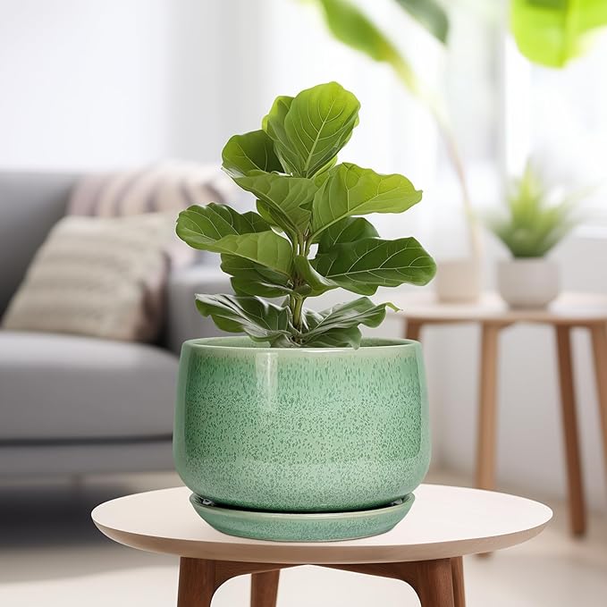 G EPGardening Ceramic Planter - 9 Inch Plant Pot with Drainage Hole and Saucer, Modern Round Planter, Flower Pot for Indoor Outdoor Plants, Garen House Room Decor, Housewarming Gifts, Green