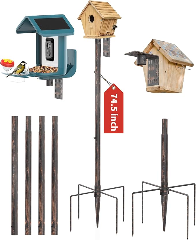 Bird Feeder Pole Stand – 74.5 Inch Height Feeding Station with 1-Inch Dia Heavy Duty for Hanging Feeders, Bird House Pole Mount Kit for Outdoor, Slip-Fit Connection，Copper Brushed