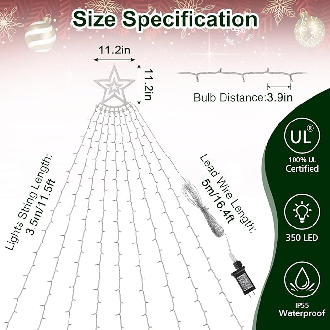 Christmas Decoration Lights, Outdoor Christmas String Lights 320 LED 11.5 Ft Waterfall Tree Lights with Big Star Topper 8 Light Modes for Christmas New Year Holiday Garden Yard Indoor Outdoor Decor