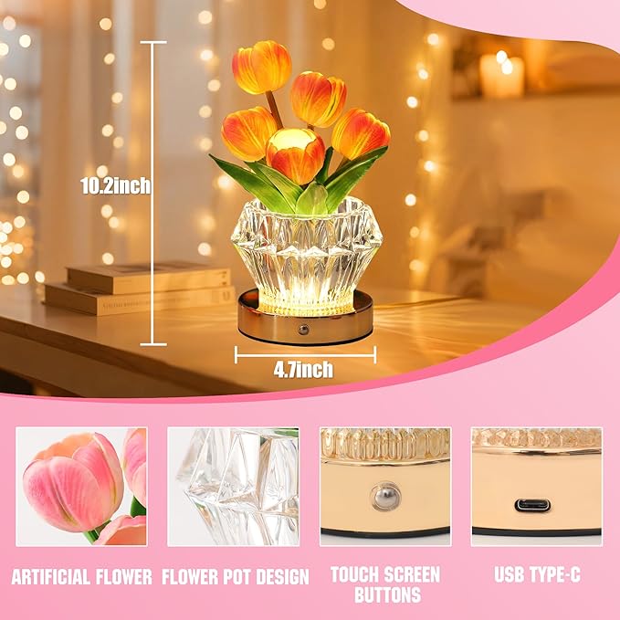 Tulip Flower Lamp with Diamond Vase, 3 Color LED Night Light, Dimmable Touch Control, Artificial Floral Decor for Bedroom Bar Coffee Shop Wedding Birthday Gifts for Women Christmas Valentine Day