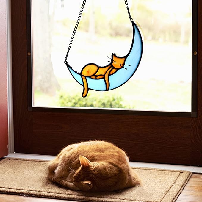BOXCASA Sleeping Cat Stained Glass Windown Hanging,Orange Cat on Moon Beautiful Handcrafted Sun Catcher Gifts for Daughter,Mothers Day,Christmas and Cat Lover