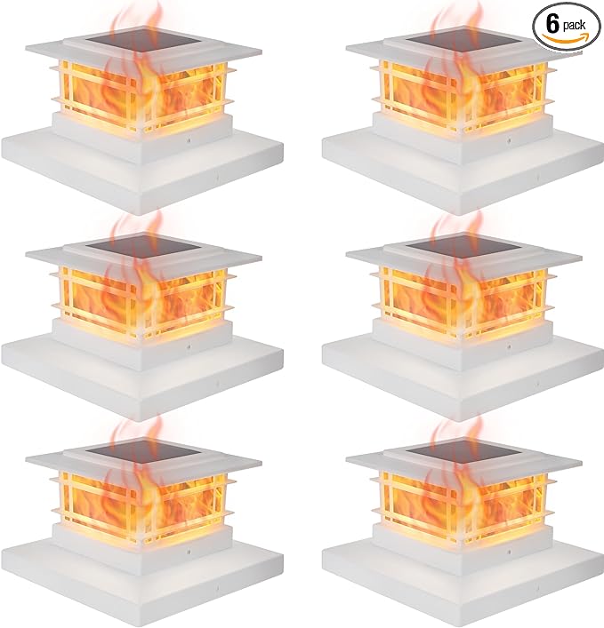 Dynaming 6 Pack Solar Flame Post Lights Outdoor, Solar Powered Fence Post White Shell Cap Light, High Brightness Flickering Flame LED LiVinyl/Wooden Postseck Patio, Fit 4x4 5x5 6x6 Vinyl/Wooden Posts