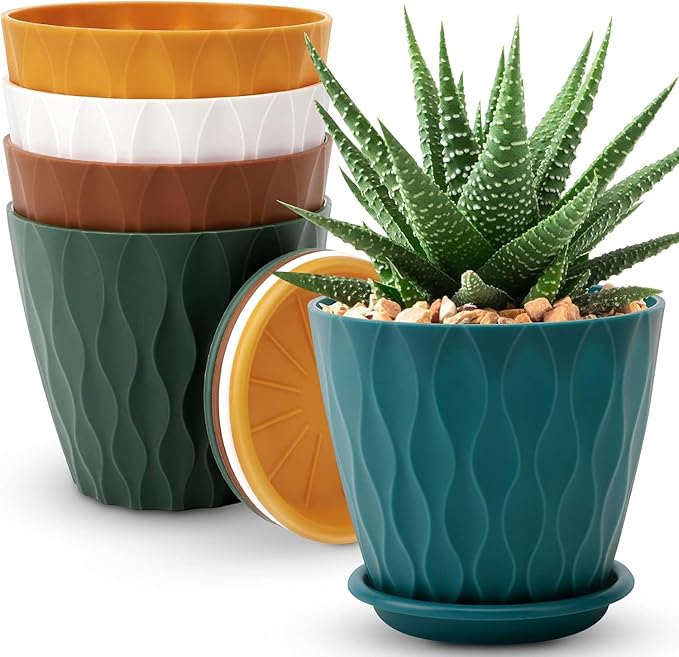 6 inch Plant Pots, 5 Pack Flower Pots Outdoor Indoor, Planters with Drainage Holes and Tray Saucers