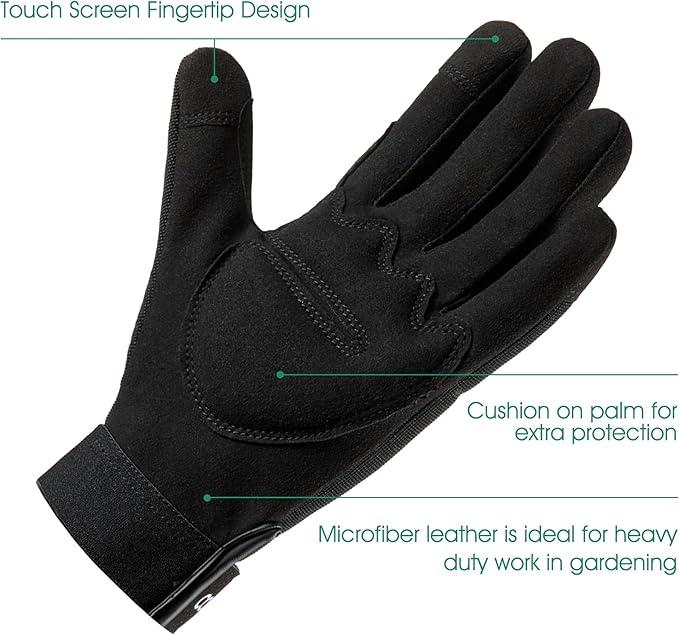 COOLJOB Thorn Proof Garden Gloves with Touchscreen Fingers for Men, Rose Pruning Work Gloves with Palm Cushion for Gardener, Farmer and Landscaper (Black 1 Pair Small)
