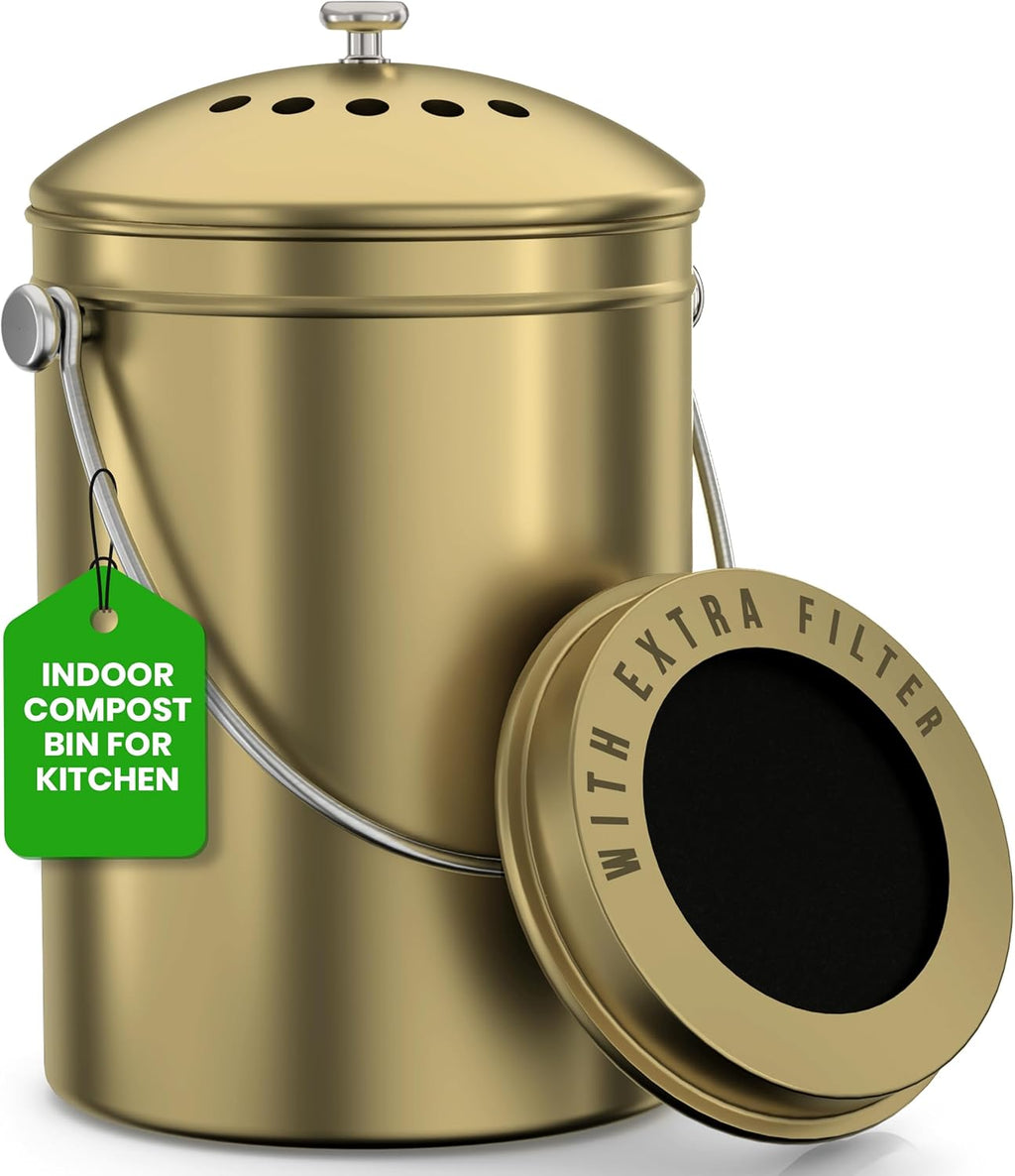 Utopia Kitchen Compost Bin for Kitchen Countertop - 1.3 Gallon Compost Bucket for Kitchen with Lid - Includes 1 Spare Charcoal Filter (Gold)