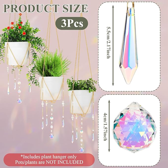 Chunful 3 Pack Sun Catcher Plant Hanger with Beads and Glass Crystal Beaded Plant Hanger Sun Catchers Kit Hanging Basket Accessories for Indoor Home Rainbow Decor, Pots Not Included(Gold)