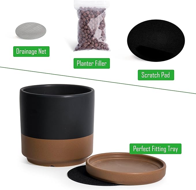 D'vine Dev 4.6 Inch & 6 Inch Ceramic Planter Pots for Plants with Drainage Hole and Saucer, Small Plant Pots Set, Black/Speckled Tan, 94-G-S-7